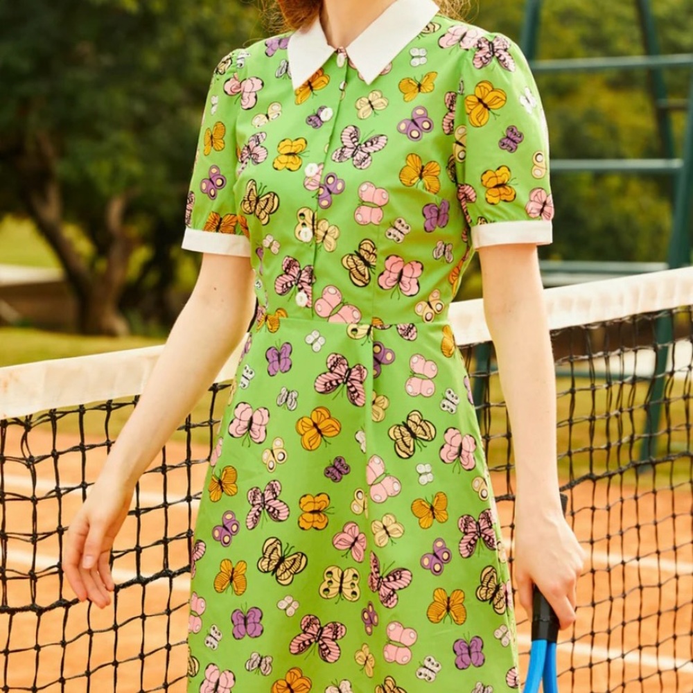 Mod Cloth 70s Inspired Butterfly Print Retro Collared Shirt Dress Plus Size 16W‎